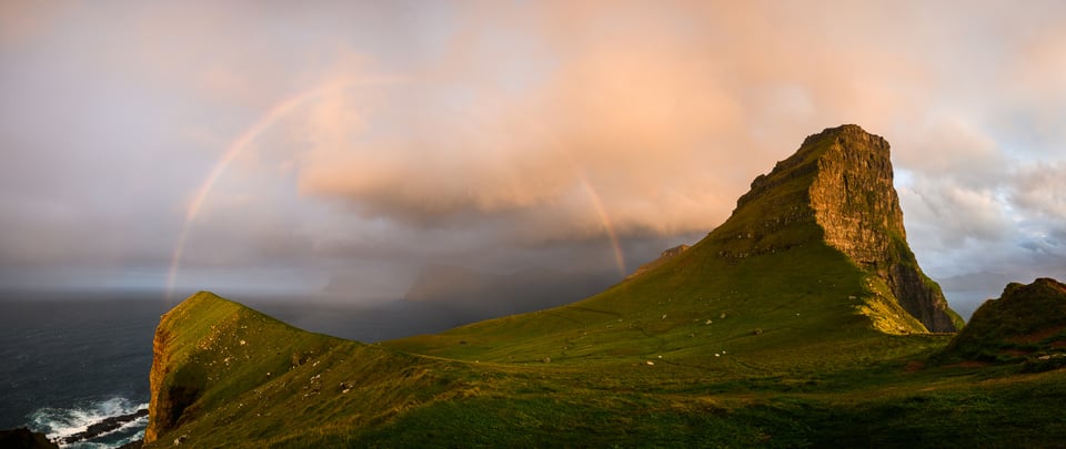 Panorama of a Rainbow Near Kalsoy Lighthouse, Faroe Islands