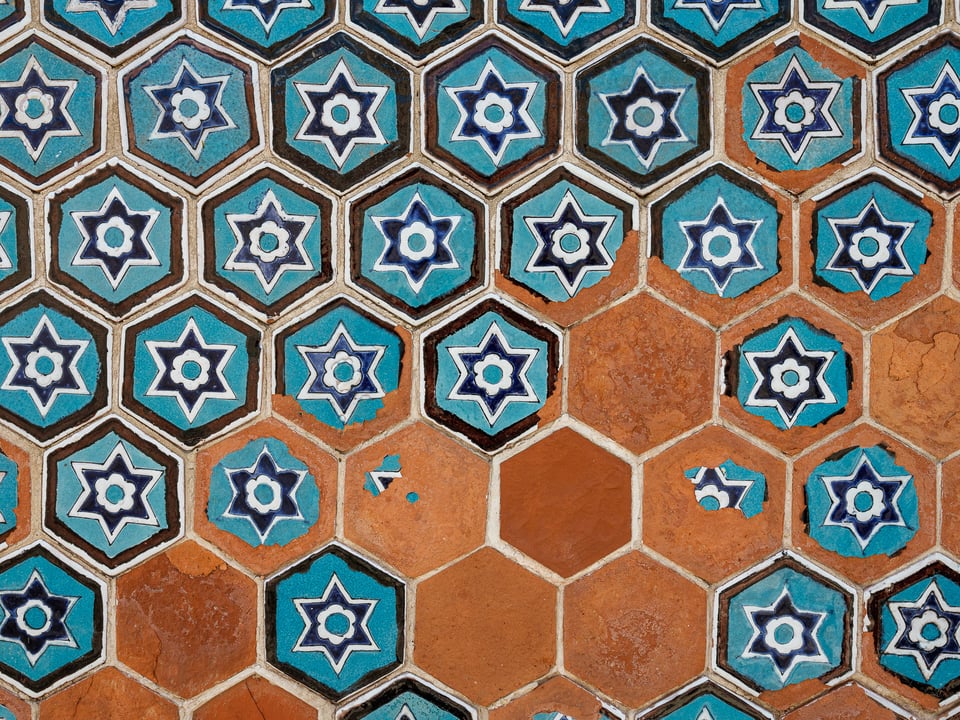 Turquoise tiles on a grave in Bukhara