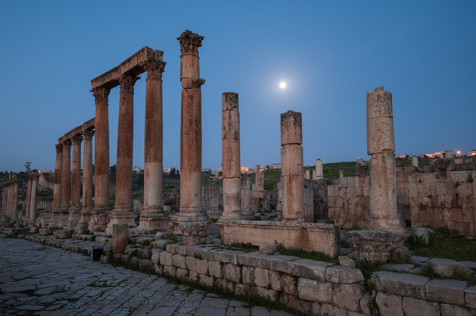 Ancient City of Jerash in Jordan under Full Moon