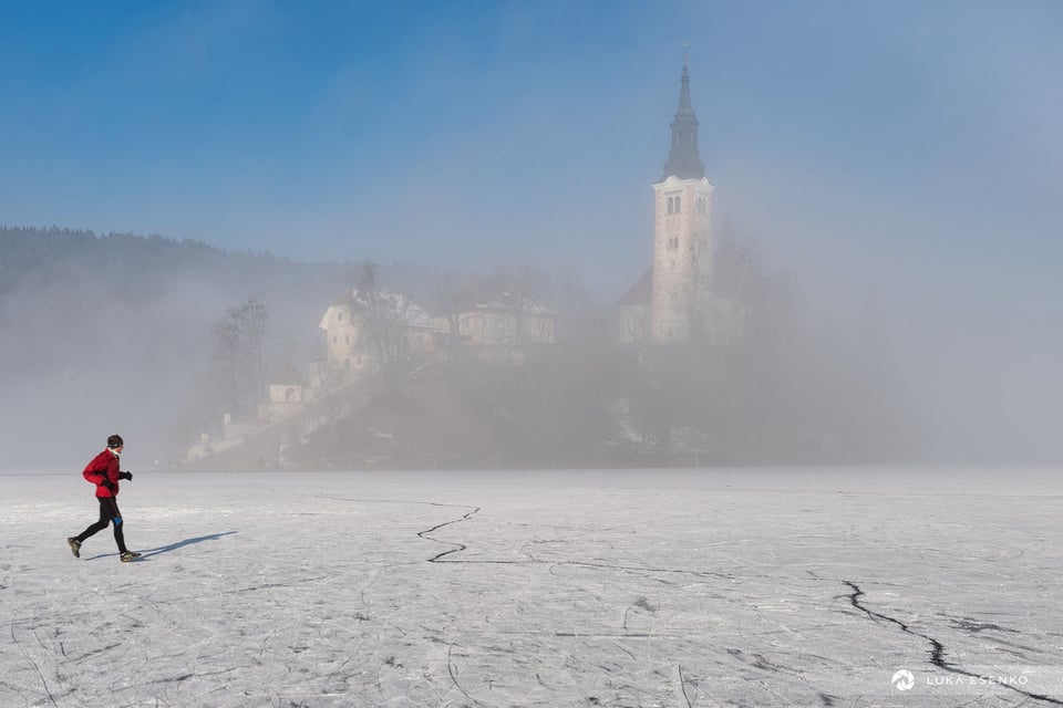 Increasingly rare sight. Frozen Lake Bled, where people can walk (or jog or skate) to the island.