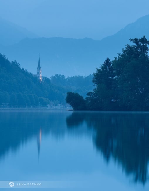 St Martin church below Lake Bled castle