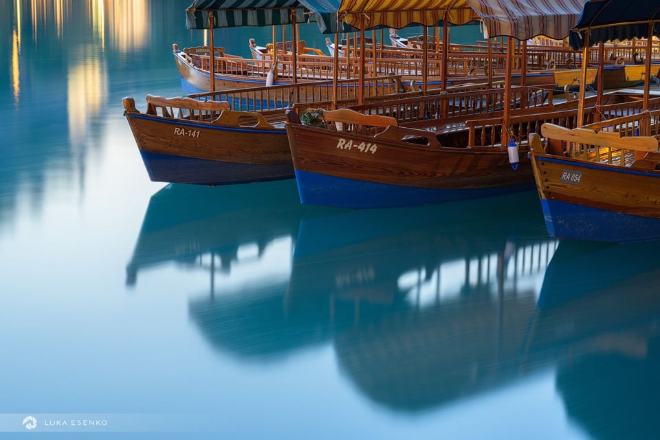 Pletna boats docked at Lake Bled.