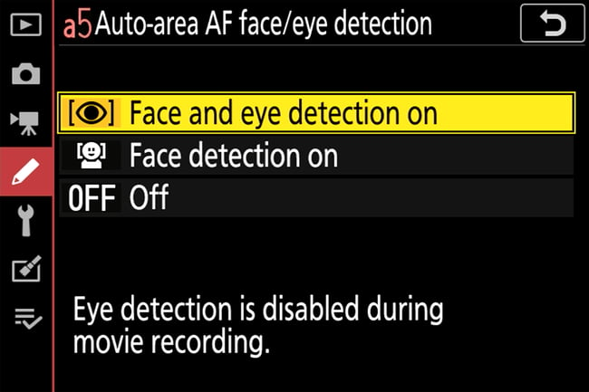 Nikon D780 Face Detection Menu