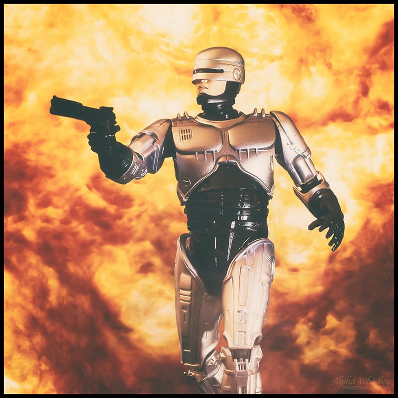 Robocop with background explosion