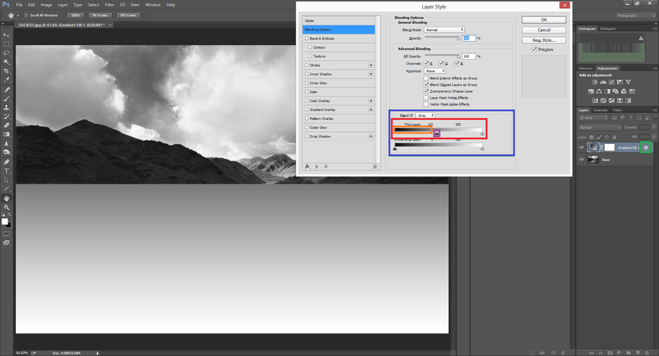 Blend If Window that pops up when we double click on the right side of the selected layer