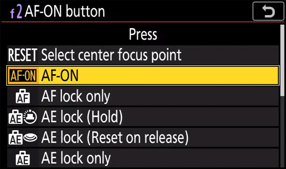 Nikon AF-ON Button Menu