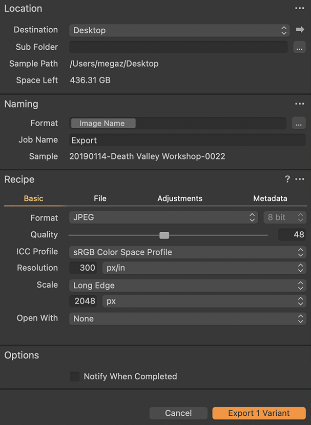 Capture One Export as Variant