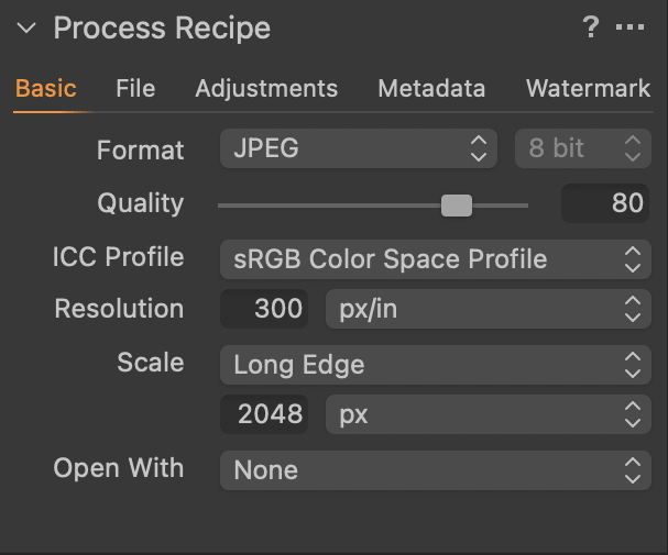 Capture One Process Recipe Basic Tab