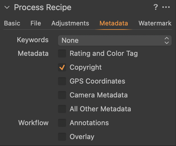 Capture One Process Recipe Metadata Tab