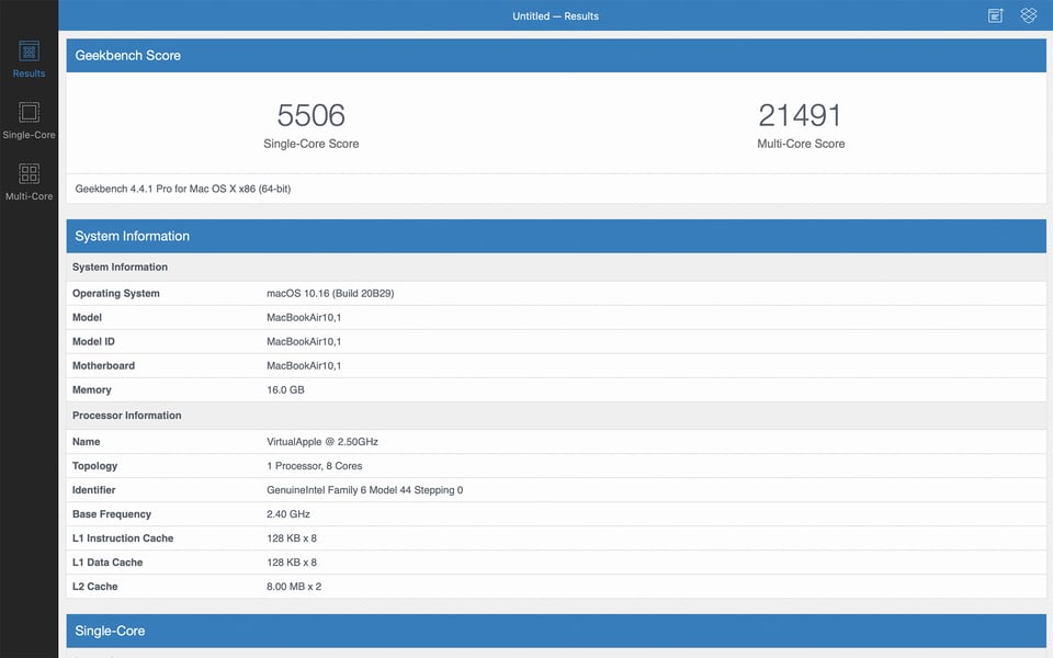 Geekbench 4 MacBook Air M1 Benchmark