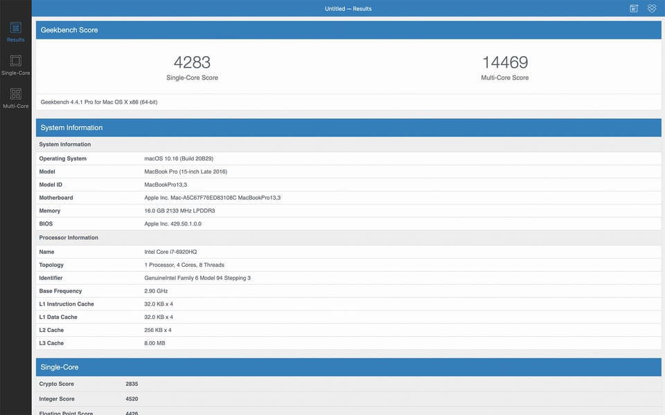 Geekbench 4 MacBook Pro 2016 Benchmark