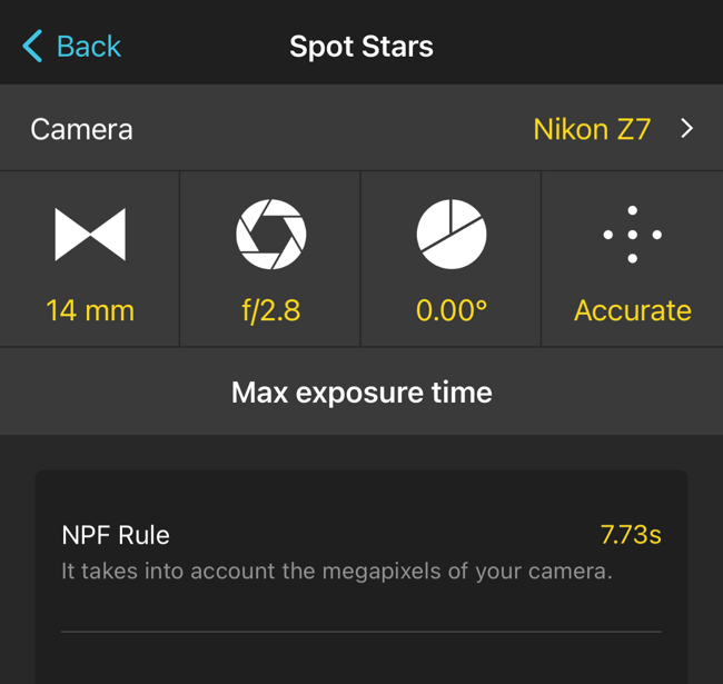 PhotoPills Screenshot of NPF Rule Spot Stars