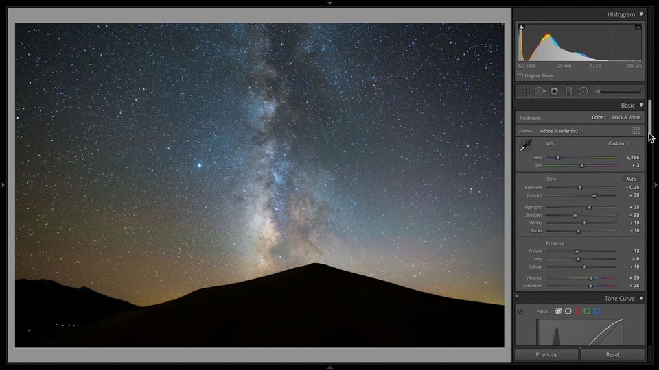 Basic Panel Edits for a Milky Way Photo in Lightroom