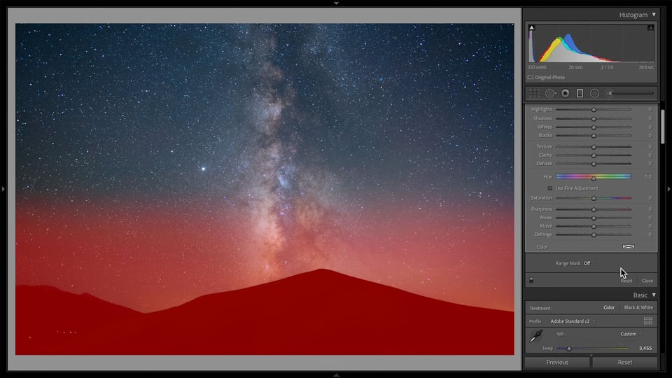 Gradient Filter on a Milky Way Photo in Lightroom