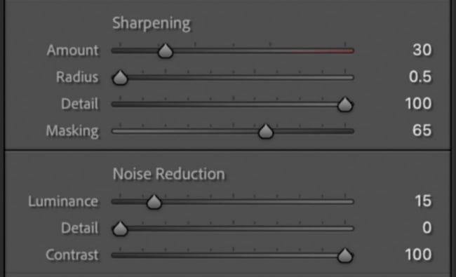 Sharpening and Noise Reduction settings in Lightroom