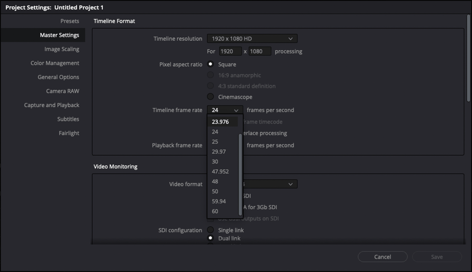 Choosing a framerate in Davinci Resolve