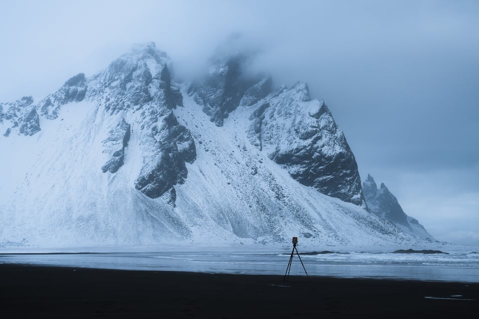 Tripod in front of Stokksnes Winter