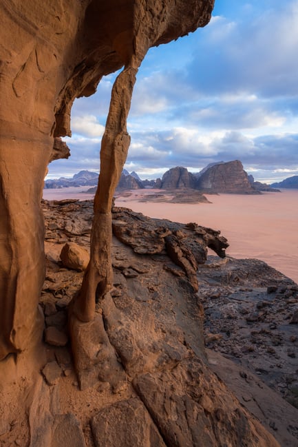 Vertical Wadi Rum Rock Formation Arch Sunset