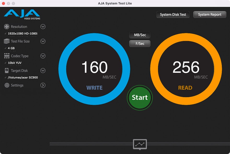 AJA Acer SC900 Benchmark