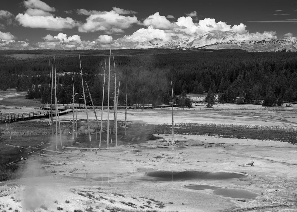 Yellowstone Landscape Black and white with hot springs and mountain