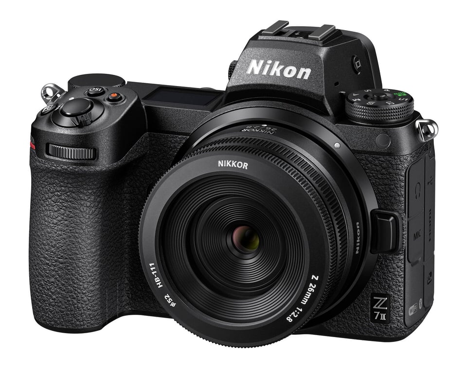 Nikon Z 26mm f2.8 Official Product Photo with Lens Hood on Camera