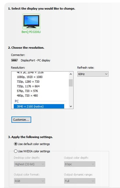 NVIDIA Resolution Panel