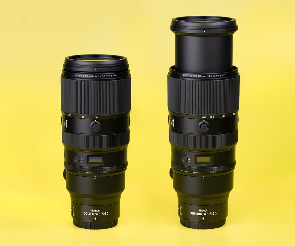 Nikon Z 100-400mm f4.5-5.6 VR S size at 100mm and 400mm