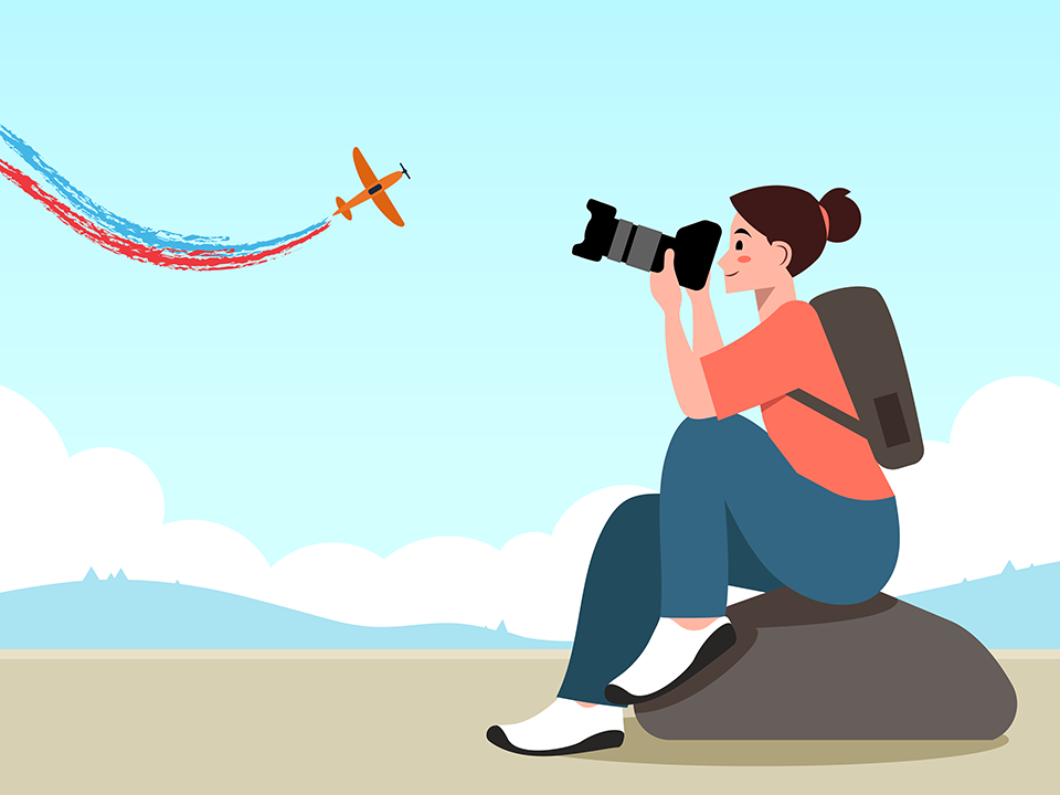 Photographer taking pictures of airshow airplanes with telephoto lens illustration