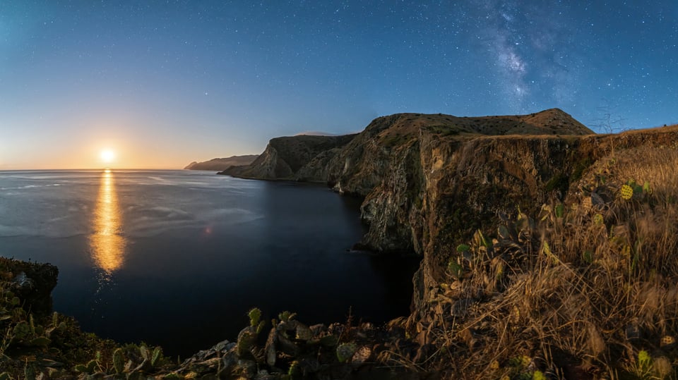 moonrise and the milky way on catalina island a panorama of 3 images taken with the OM1 and Panasonic 9mm f1.7 lens