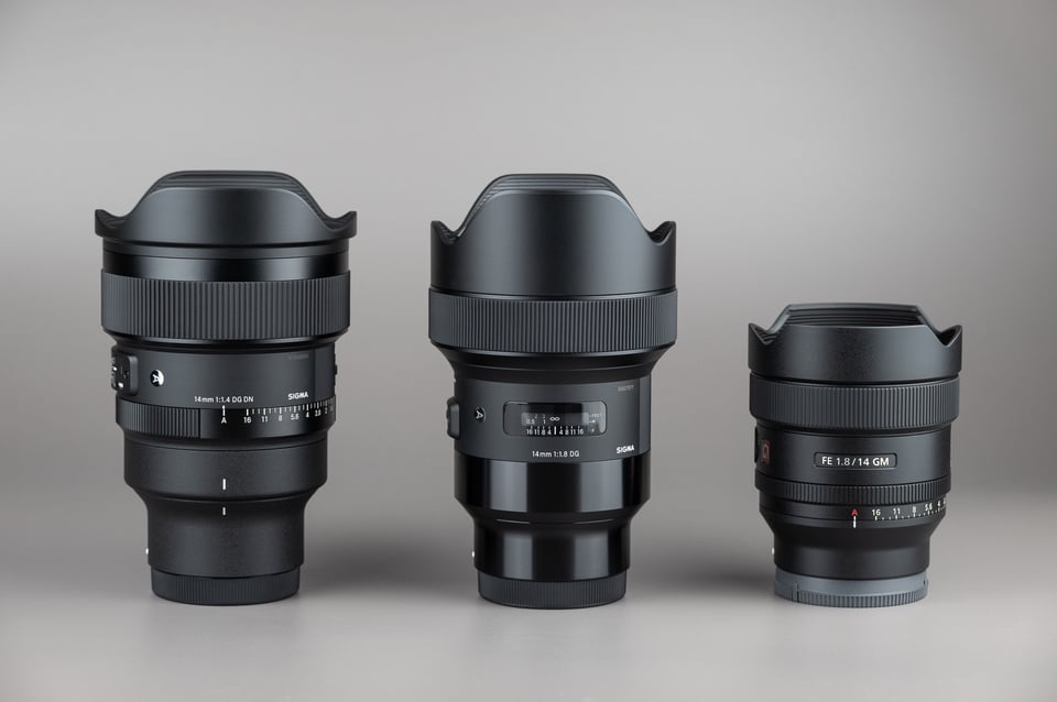 Lens Size Comparison Sigma 14mm f1.4 Art with f1.8 Art and Sony 14mm f1.8 GM
