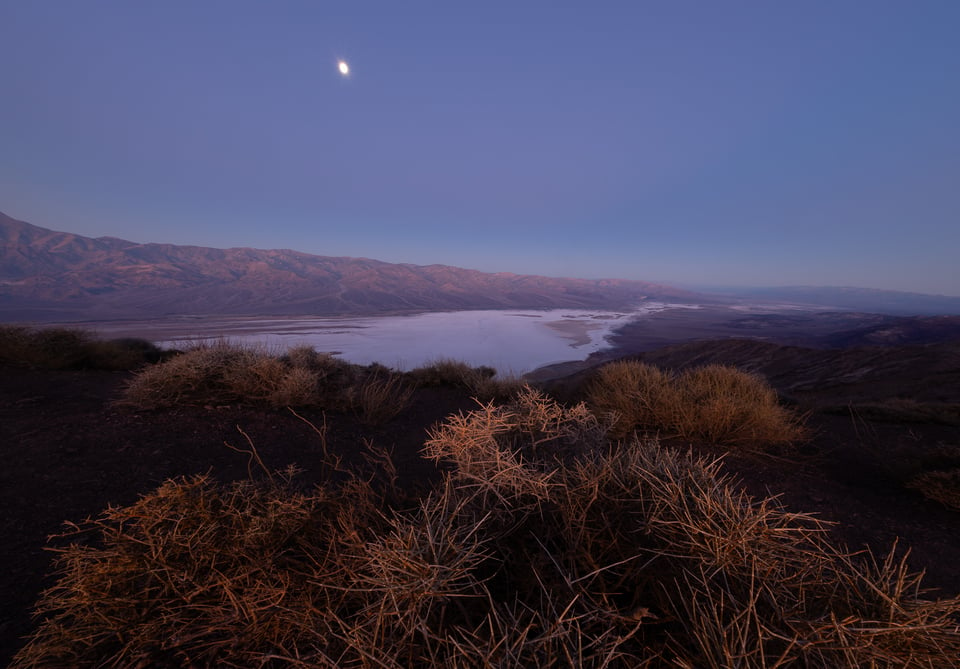 Moon and Salt Flats from Dantes View Death Valley Before Sunrise