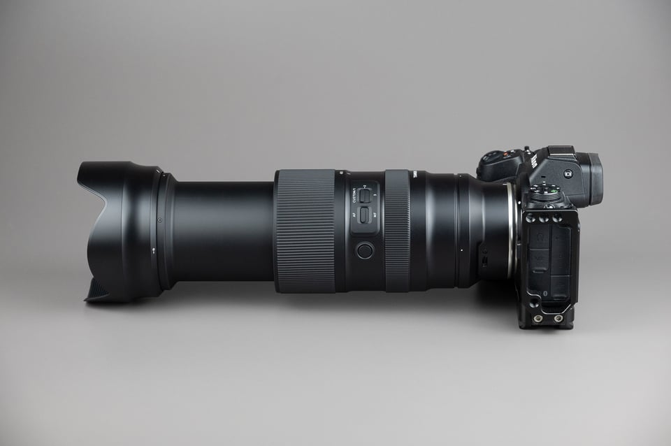 Tamron 50-400mm size with lens hood side view