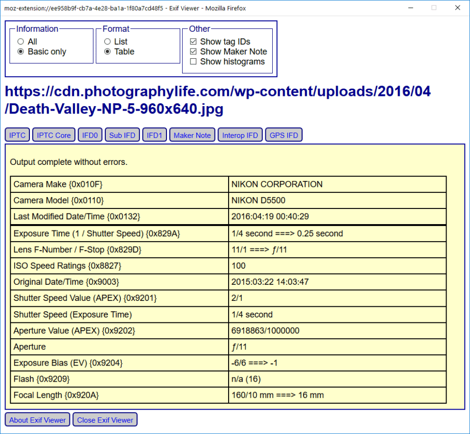 exif data from photo reader