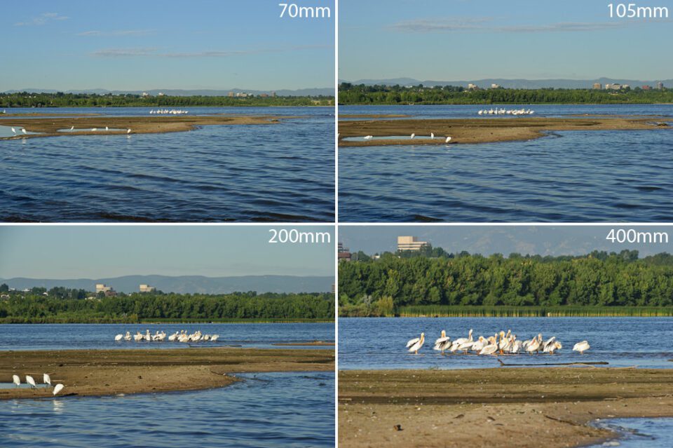 Un objetivo zoom puede ir de un rango amplio a un teleobjetivo, capturando muchas distancias focales diferentes. Aquí hay ejemplos de diferentes longitudes focales de 70 mm a 400 mm.