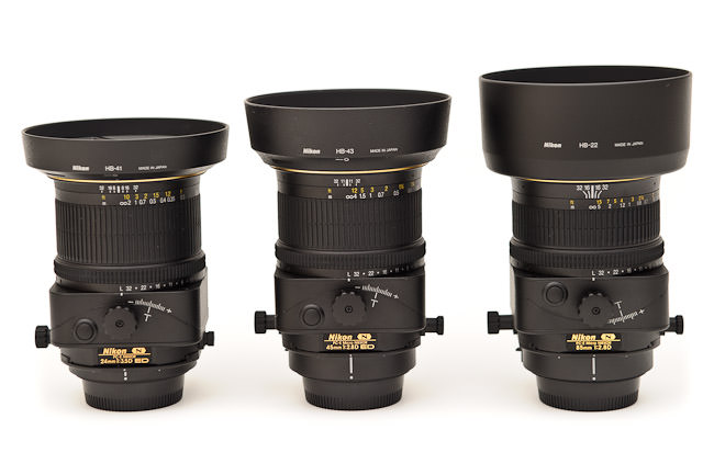 Nikon 24mm PC-E vs Nikon 45mm PC-E vs Nikon 85mm PC-E with hoods