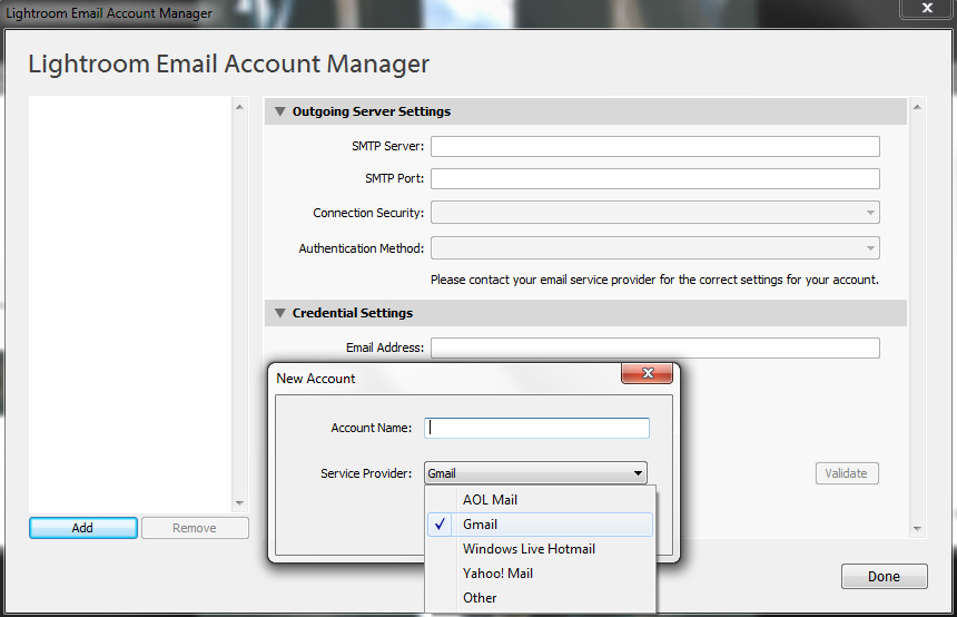 Lightroom Email Account Manager