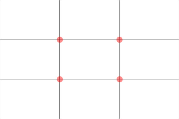 Rule of Thirds grid line with red dots at the four intersection points. Photography Terms