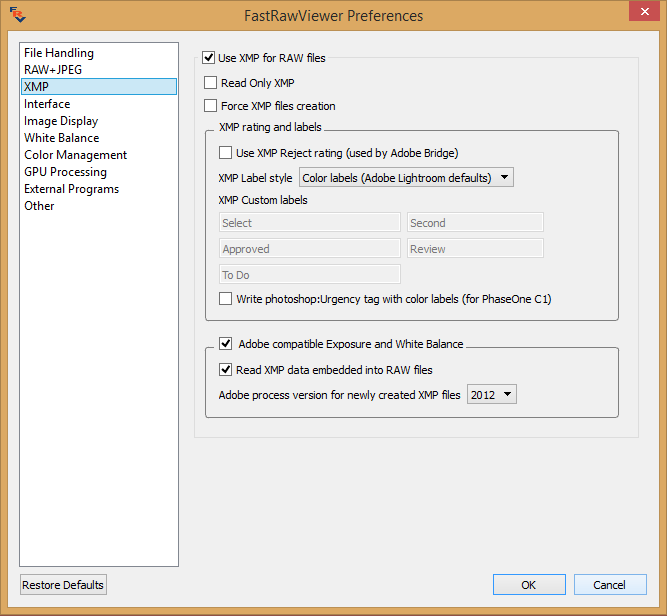 FastRawViewer Preferences XMP