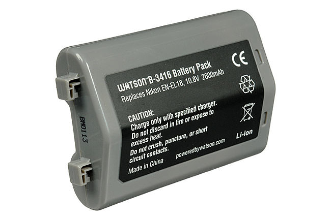 This third-party Watson battery is a replacement for the Nikon EN-EL18.