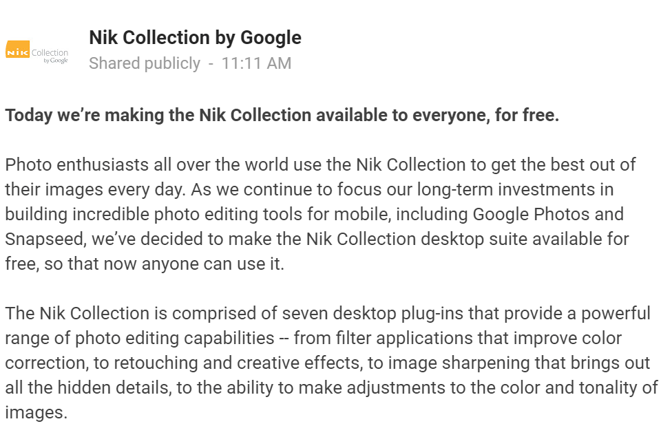 Google's Nik Software now FREE!