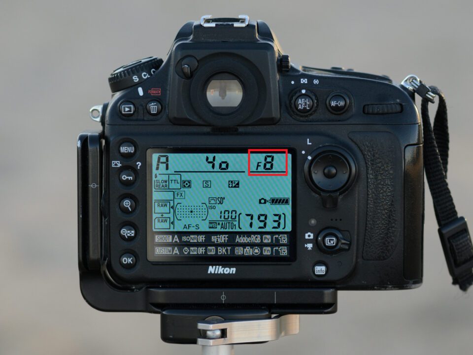 An image of F-stop on the LCD of a camera. Understanding aperture in photography.