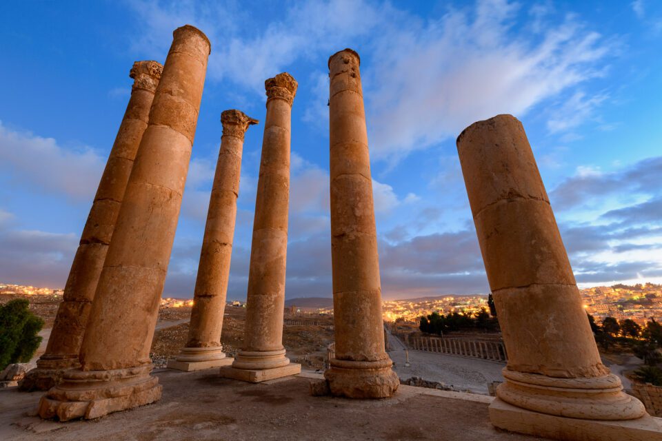 This photo, taken in Jordan, shows marble pillars at sunrise with an ultra-wide lens - the Sigma 14mm f/1.8.