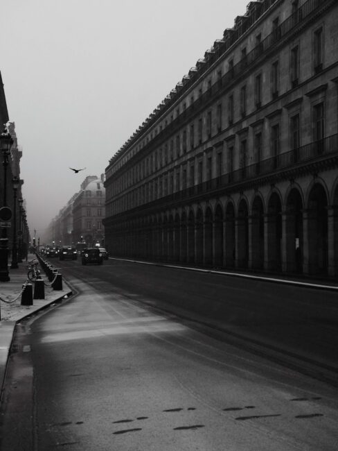 Paris Street with Snow in Black and White