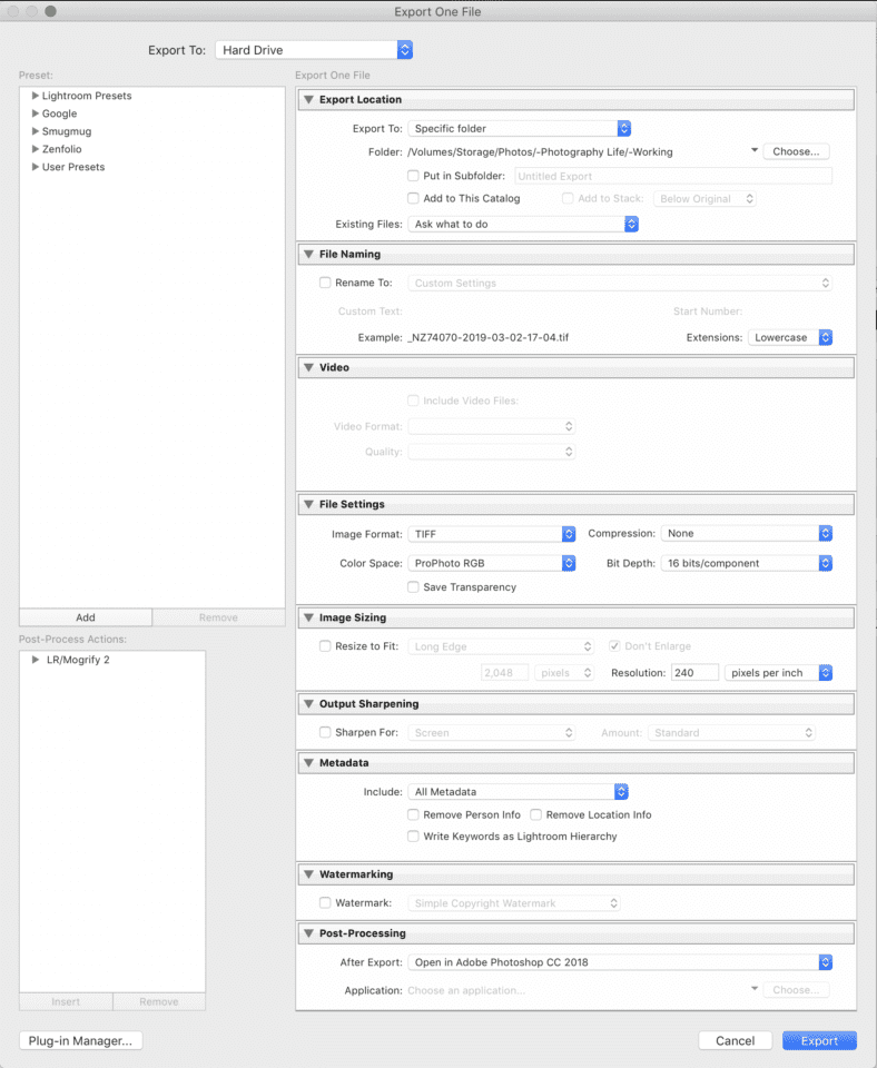 Paramètres d'exportation de Lightroom