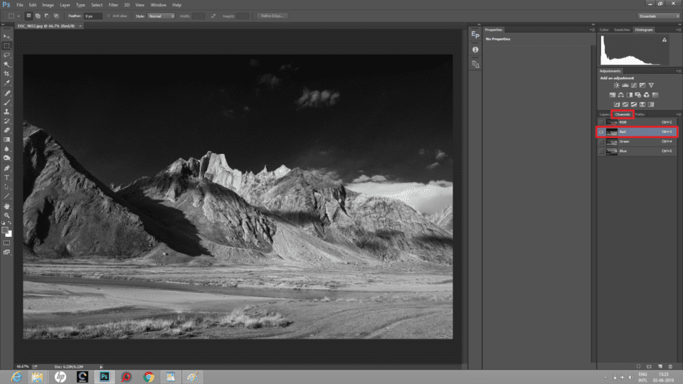 The red channel in Photoshop color mixer is used to convert image to black and white