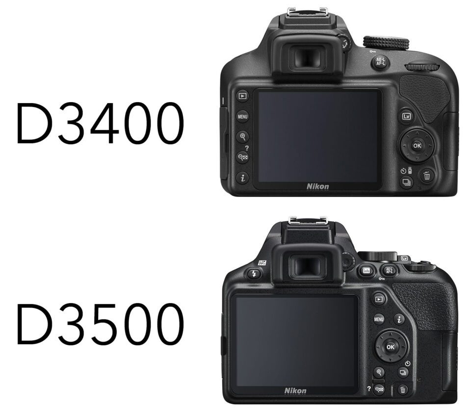 Nikon D3400 vs D3500 back view. Here, you can see the different button layouts on the Nikon D3400 and D3500. Nikon totally redesigned the controls on the D3500 to make it more comfortable and ergonomic to use.
