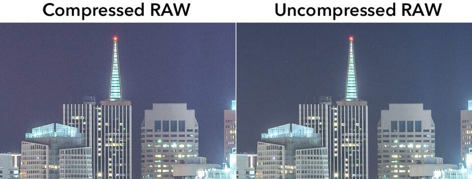 This comparison shows a compressed RAW image next to an uncompressed RAW image. The compressed RAW has noticeably artifacts that harm image quality.