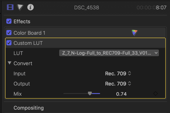 Using the Nikon Z6 and Z7 Lookup Table in Final Cut Pro