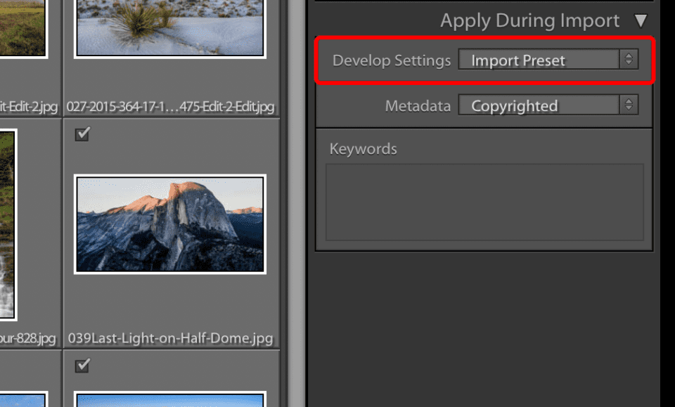 When you import photos into Lightroom, you have the option to apply a develop preset automatically. Here, I have selected an import preset that sets color noise reduction to zero.