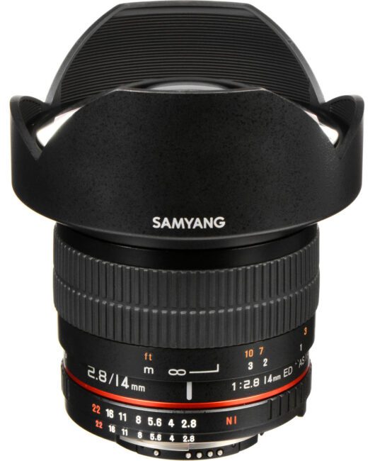 The Samyang 14mm f/2.8 (also going by the name of Rokinon or Bower) is one of the least expensive wide angle lenses on the market for Nikon.